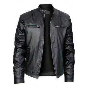 Men's Stand-up Collar Leather Jacket Business Casual Jacket (Option: Black-XL)