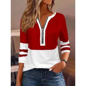 Women's V-collar Contrast Color Striped Loose Zip Long-sleeved T-shirt (Option: Red-L)