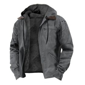 Winter Hooded Coat With Pockets Fashion Warm Fleece Zip-up Jacket Casual Outwear Men's Clothing (Option: Gray-M)