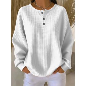 Round Neck Waffle Solid Color Pullover Loose Top (Option: White-3XL)