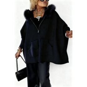 Ins Plush Hooded Cardigan Fashion Warm Pockets Zip-up Knitted Jacket Casual Outerwear Batwing Sleeve Sweater Women's Clothing (Option: Black-XL)