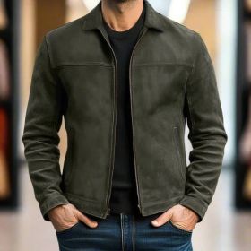 Men's Lapel Casual Trendy Leather Jacket (Option: Army Green-XL)