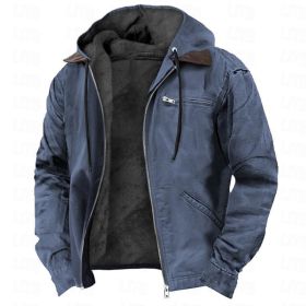 Winter Hooded Coat With Pockets Fashion Warm Fleece Zip-up Jacket Casual Outwear Men's Clothing (Option: Navy Blue-XXL)