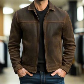 Men's Lapel Casual Trendy Leather Jacket (Option: Brown-2XL)
