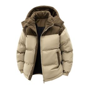 Detachable Hat Cotton-padded Coat For Couple Color Contrast Patchwork Thickened (Option: Khaki-L)