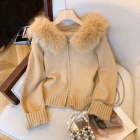 Double Zipper Fur Collar Stitching Design Sense Hooded Knit Cardigan (Option: Khaki-XL)