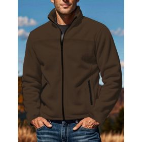 Men's Polar Fleece Jacket Outdoor Zipped Stand Collar Coat (Option: Dark Brown-L)